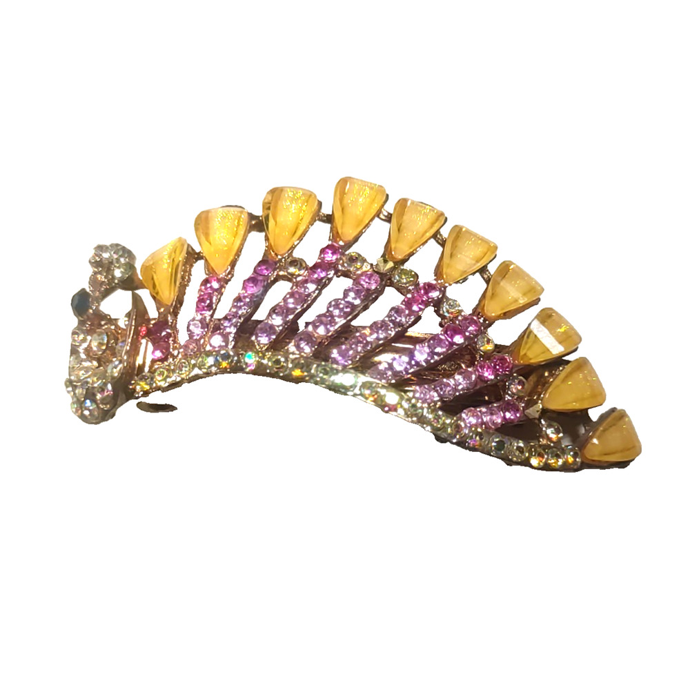 Peacock Hair Barrette Tension Spring Clip Pink Clear Rhinestone Yellow Large...